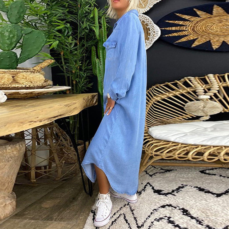 Ines - Långärmad Maxiklänning i Denim Anna & Maja